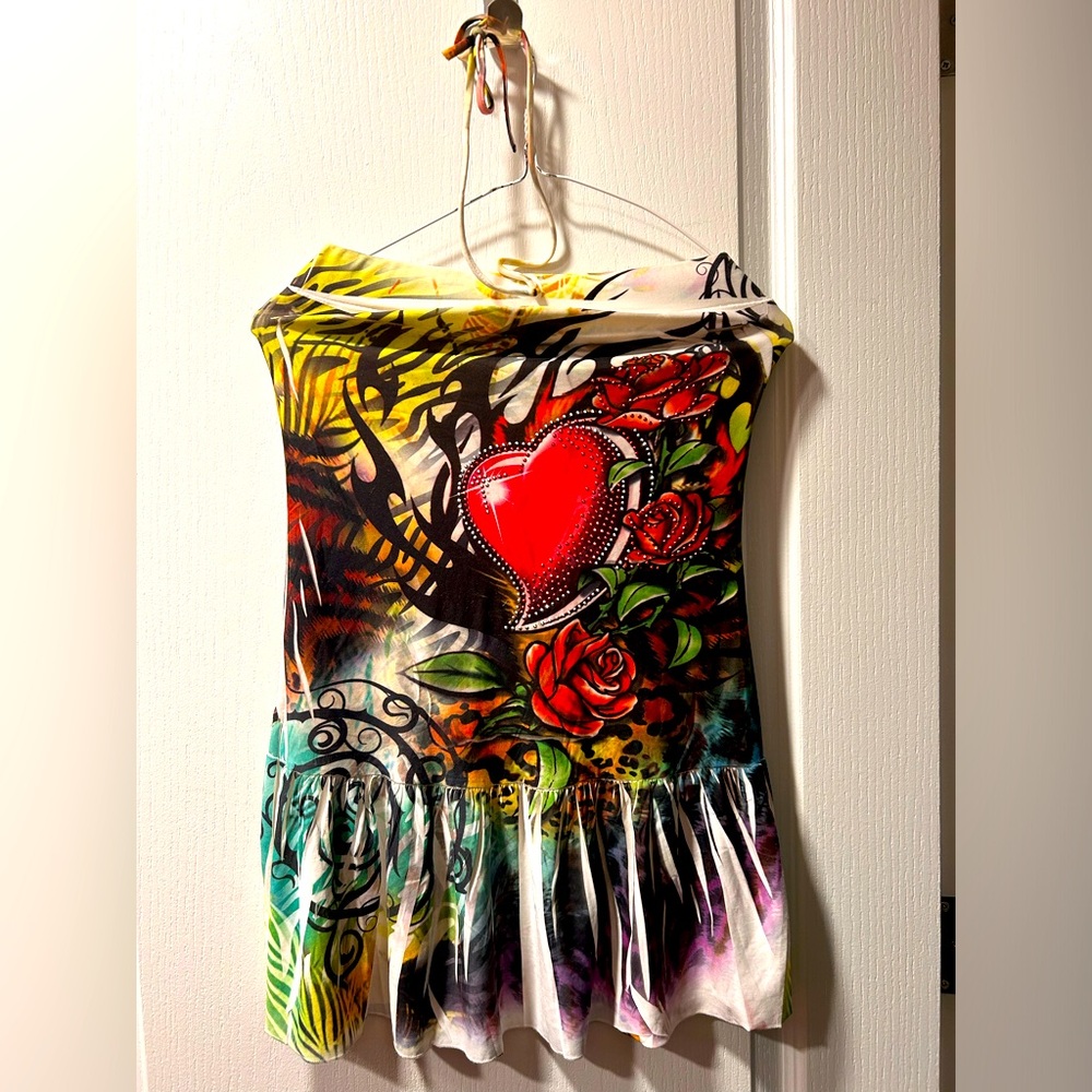 Vintage Rhinestone Studded Heart Rose Leopard Babydoll Halter Bandeau Skirt Top